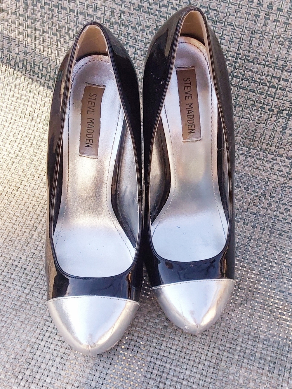 Steve Madden Black Patent Heels with Silver Cap Toe